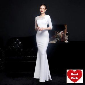 Prom Dress White Evening Gown Lace & Crystal Half Trumpet Dress Floor Length